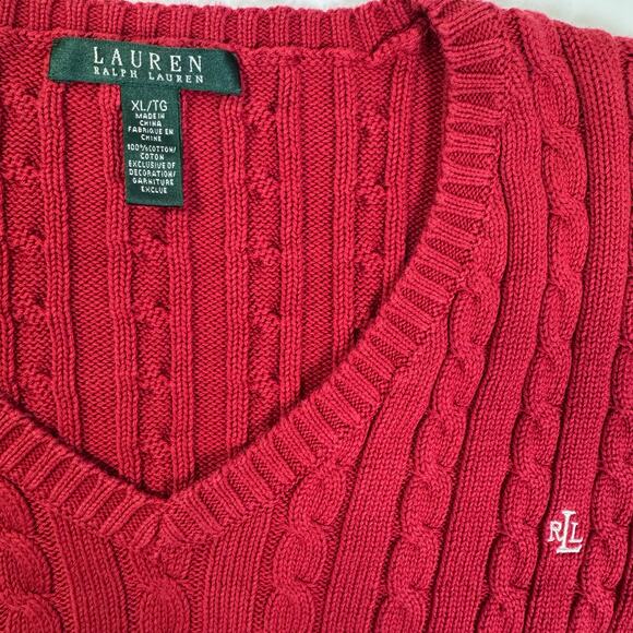 Lauren Ralph Lauren Women's Sweater XL Red Cable Knit Cotton V Neck Preppy Sport - Picture 8 of 8